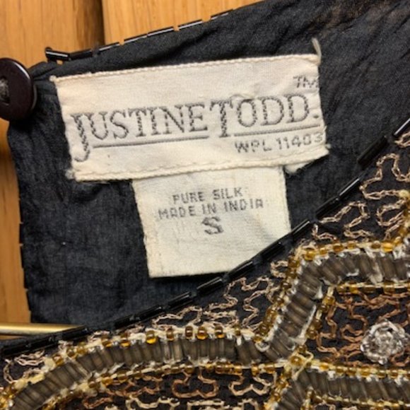 JUSTINE TODD vintage women’s black & gold silk sequin cocktail blouse / size S - Picture 2 of 5
